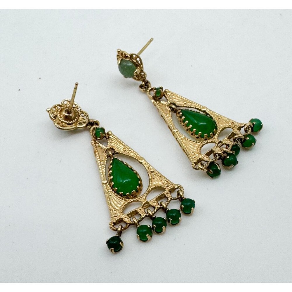 Victorian Revival 1960's 14k Yellow Gold Jade Teardrop Cabochon Post Earrings